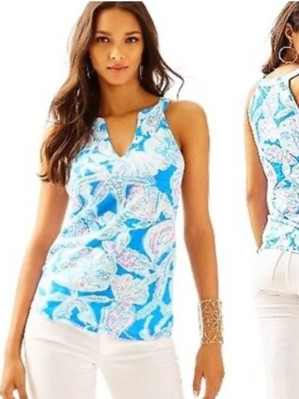 NWT Lilly Pulitzer Arya Tank Sz XXS Bay Blue Into the Deep Shell Tropical Resort